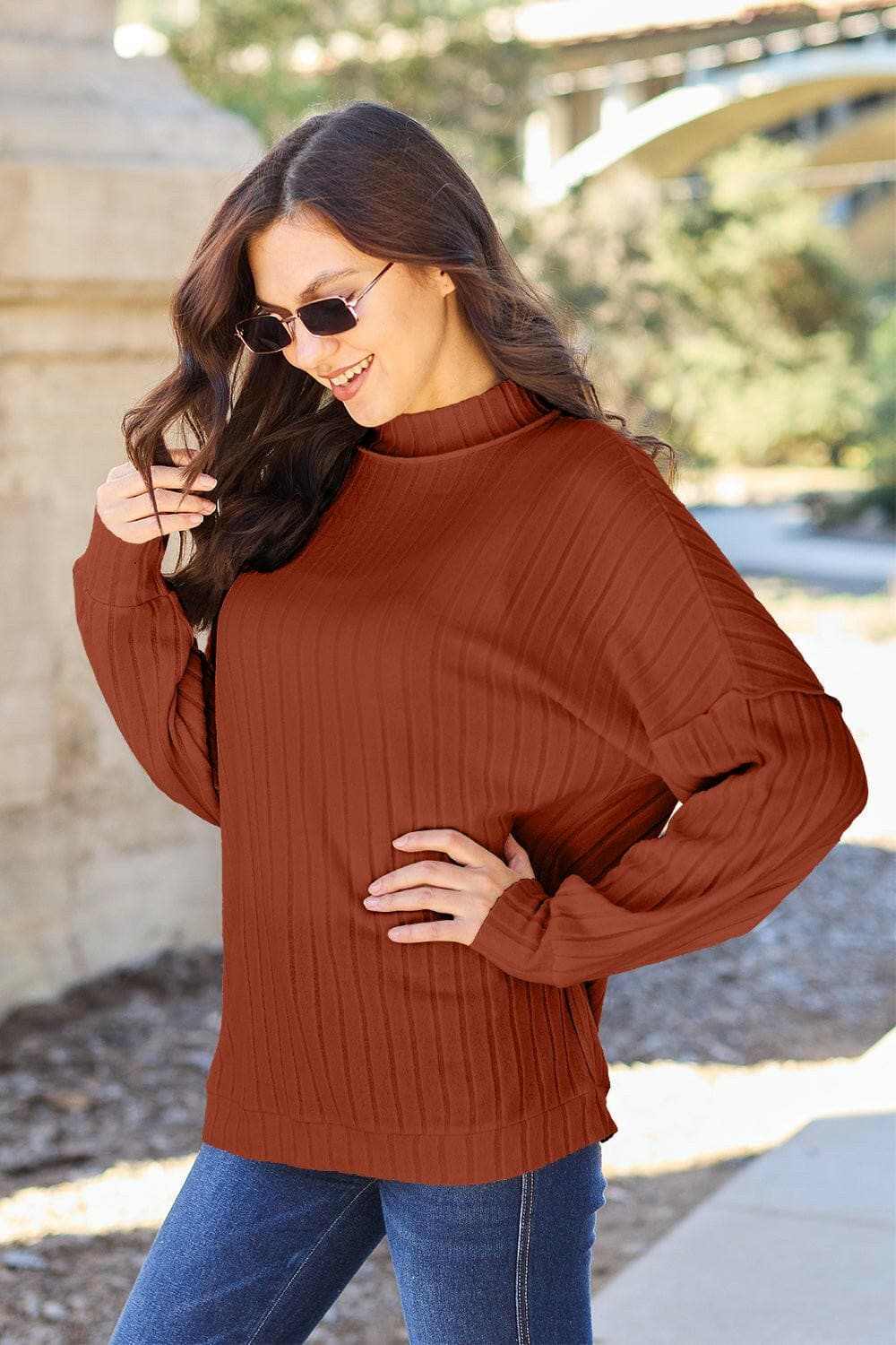 Basic Bae Full Size Ribbed Exposed Seam Mock Neck Knit Top - Love Salve