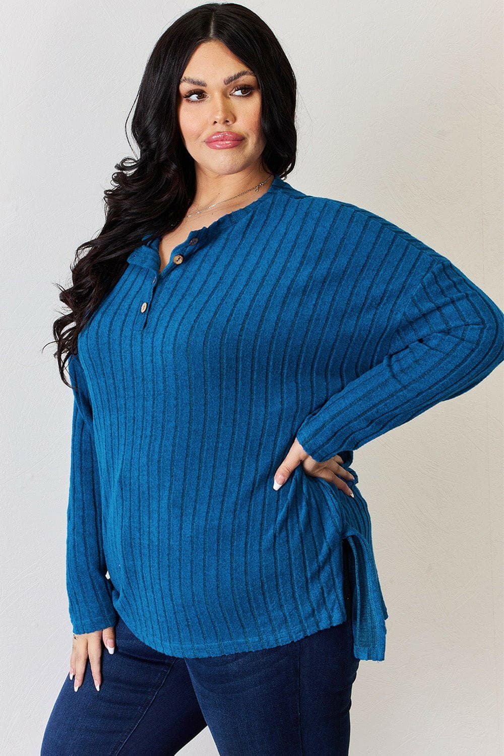 Basic Bae Full Size Ribbed Half Button Long Sleeve High-Low T-Shirt - Love Salve