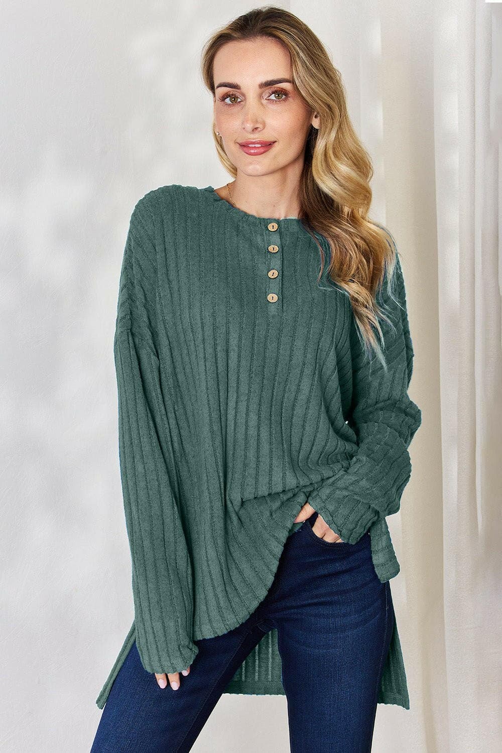 Basic Bae Full Size Ribbed Half Button Long Sleeve High-Low T-Shirt - Love Salve