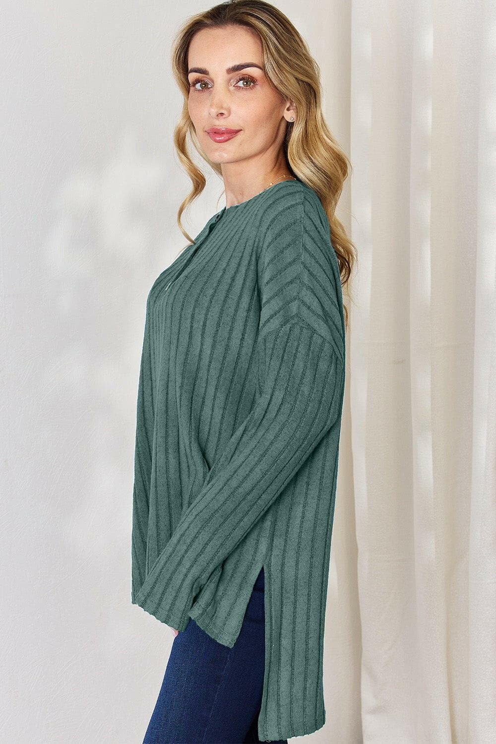 Basic Bae Full Size Ribbed Half Button Long Sleeve High-Low T-Shirt - Love Salve