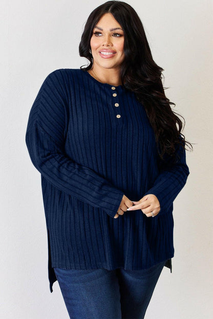 Basic Bae Full Size Ribbed Half Button Long Sleeve High-Low T-Shirt - Love Salve