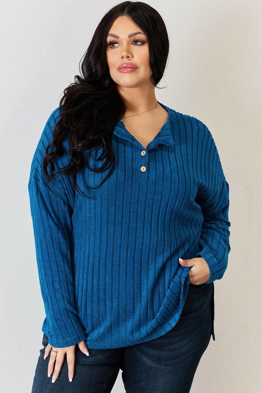 Basic Bae Full Size Ribbed Half Button Long Sleeve High-Low T-Shirt - Love Salve