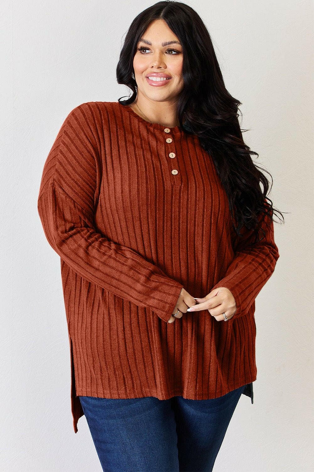 Basic Bae Full Size Ribbed Half Button Long Sleeve High-Low T-Shirt - Love Salve