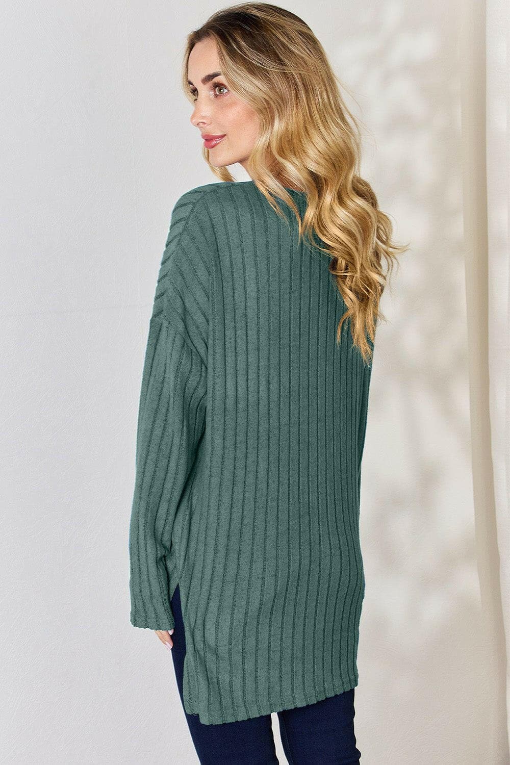 Basic Bae Full Size Ribbed Half Button Long Sleeve High-Low T-Shirt - Love Salve