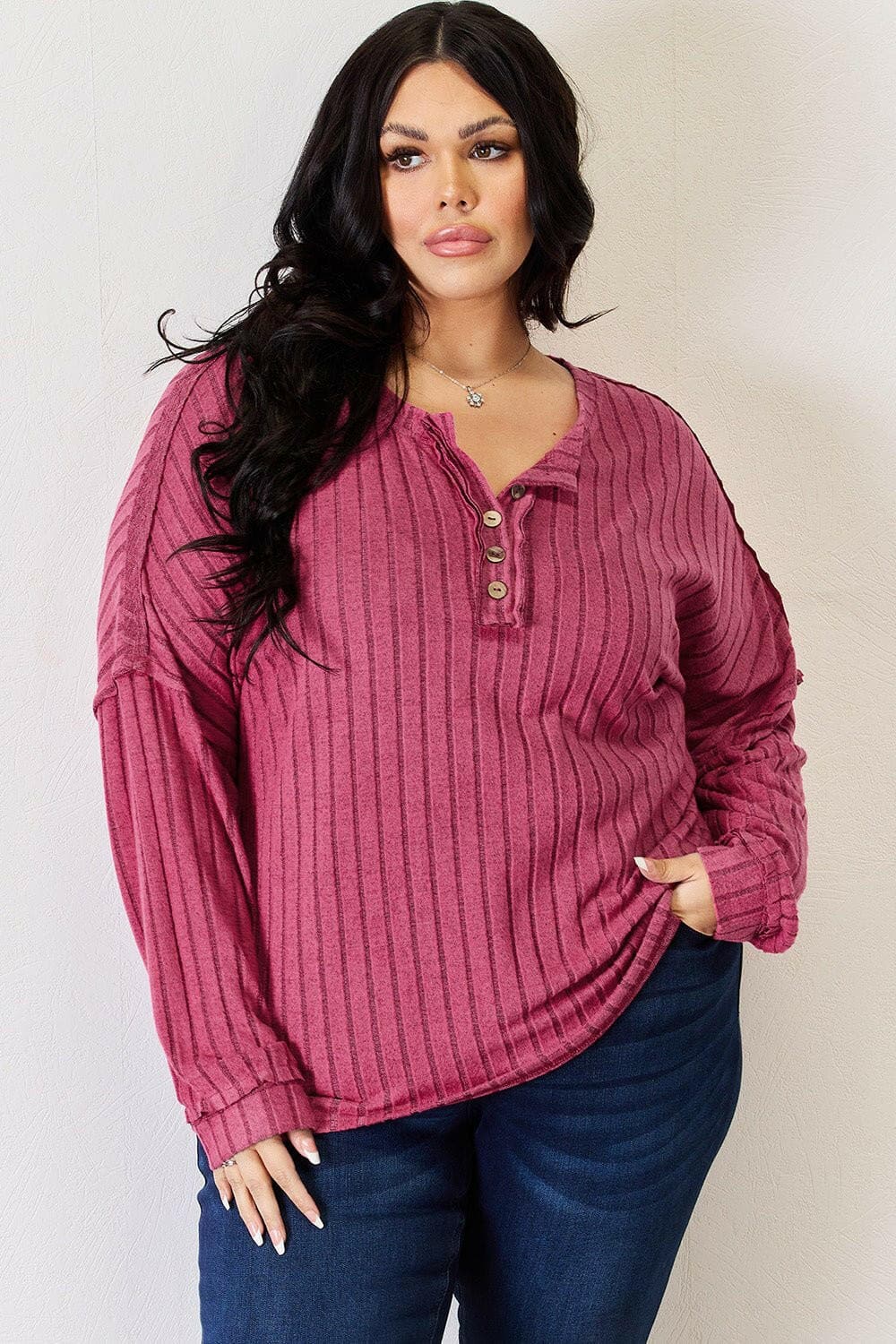 Basic Bae Full Size Ribbed Half Button Long Sleeve High-Low T-Shirt - Love Salve