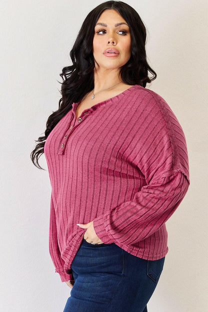 Basic Bae Full Size Ribbed Half Button Long Sleeve High-Low T-Shirt - Love Salve