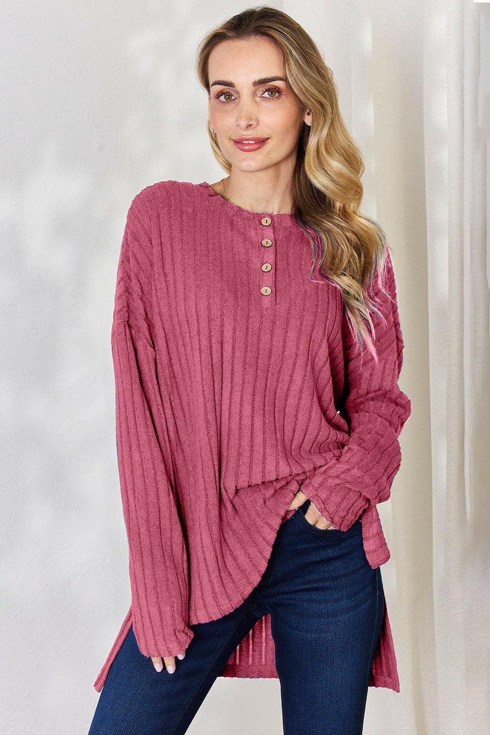 Basic Bae Full Size Ribbed Half Button Long Sleeve High-Low T-Shirt - Love Salve