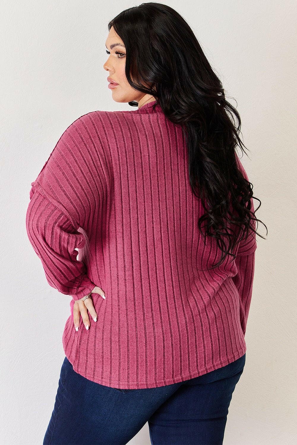 Basic Bae Full Size Ribbed Half Button Long Sleeve High-Low T-Shirt - Love Salve