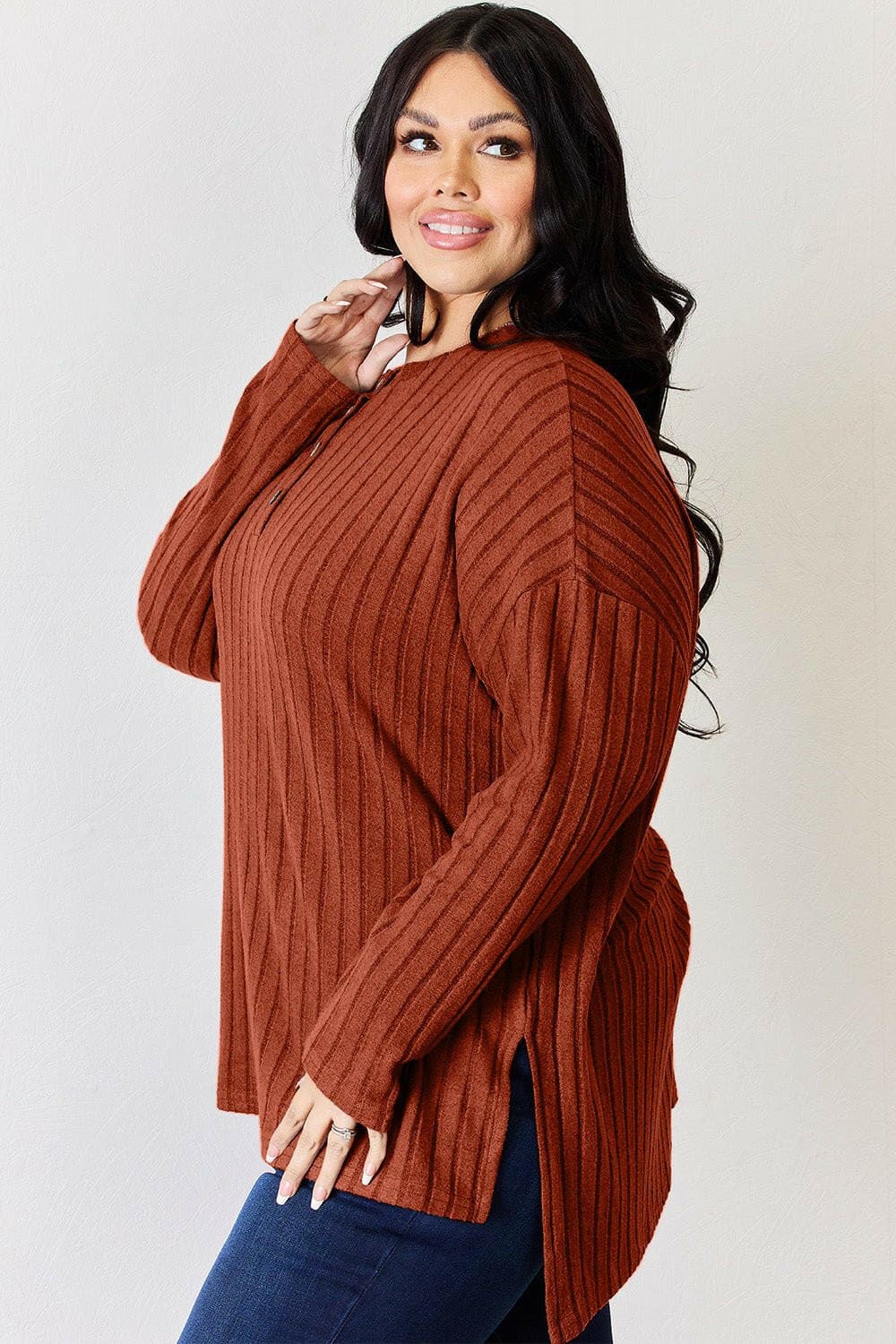 Basic Bae Full Size Ribbed Half Button Long Sleeve High-Low T-Shirt - Love Salve