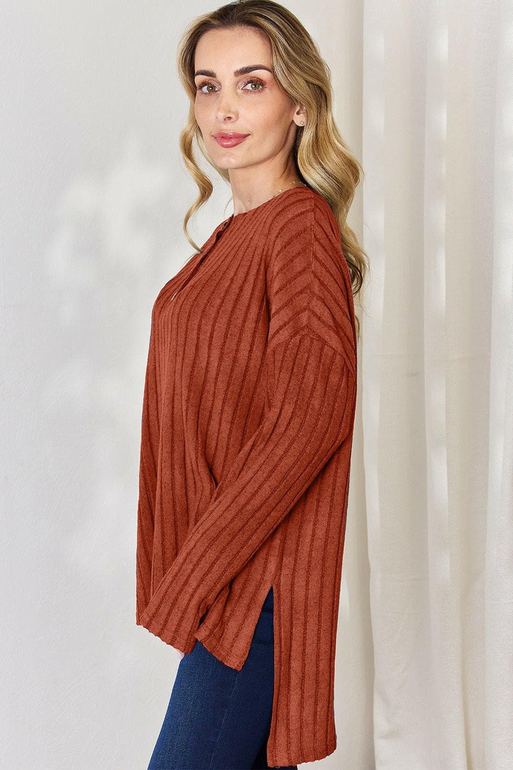 Basic Bae Full Size Ribbed Half Button Long Sleeve High-Low T-Shirt - Love Salve