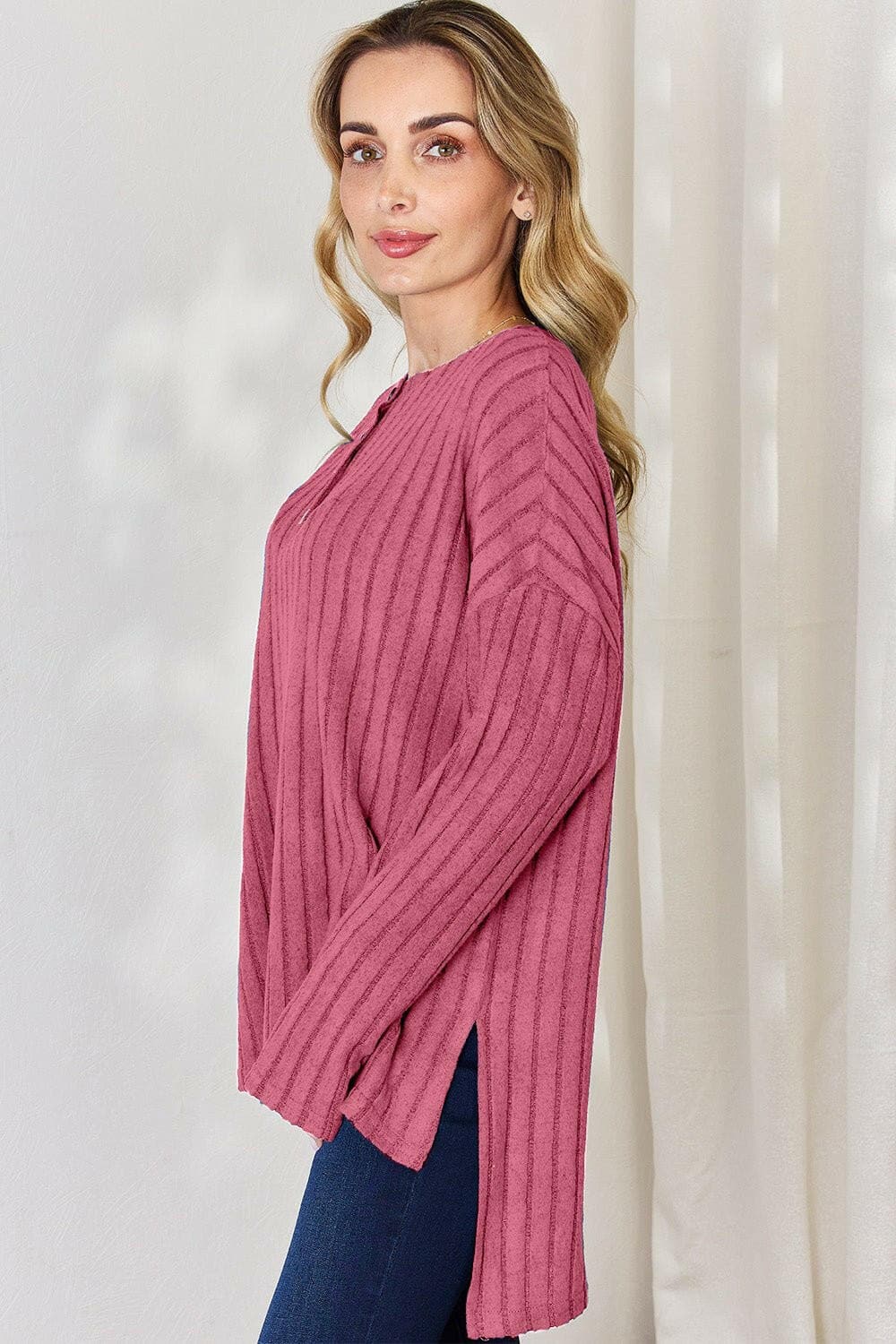 Basic Bae Full Size Ribbed Half Button Long Sleeve High-Low T-Shirt - Love Salve