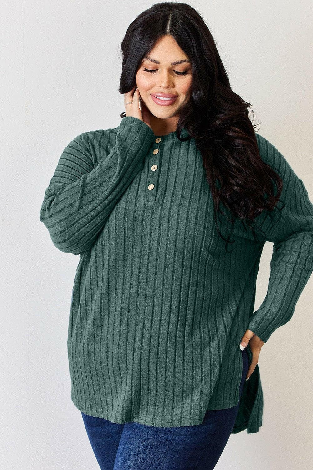 Basic Bae Full Size Ribbed Half Button Long Sleeve High-Low T-Shirt - Love Salve