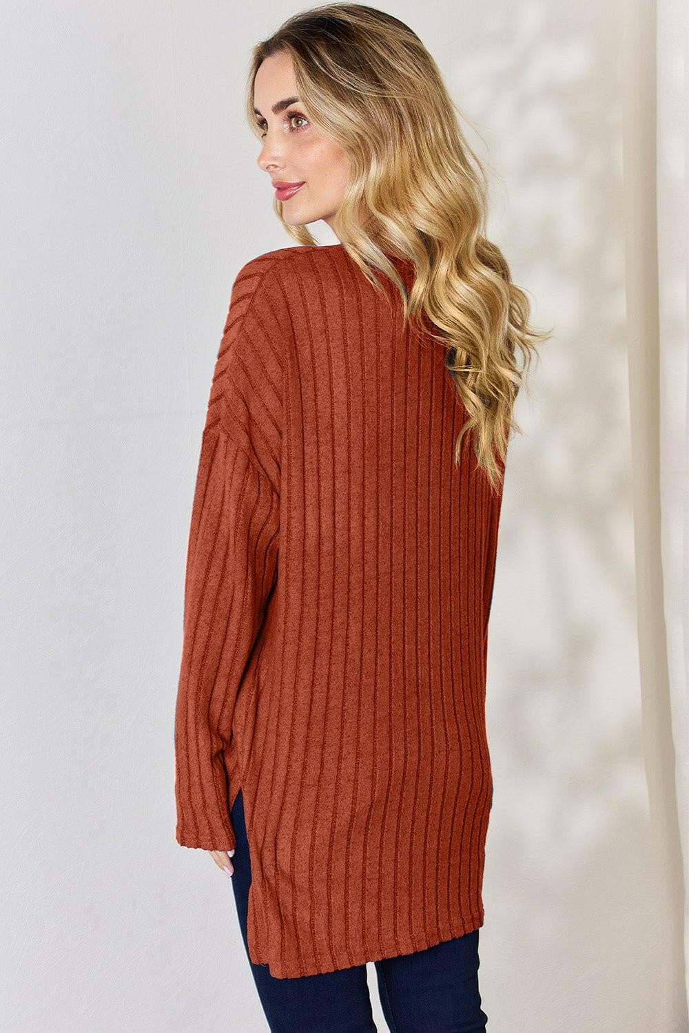 Basic Bae Full Size Ribbed Half Button Long Sleeve High-Low T-Shirt - Love Salve