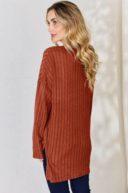 Basic Bae Full Size Ribbed Half Button Long Sleeve High-Low T-Shirt - Love Salve