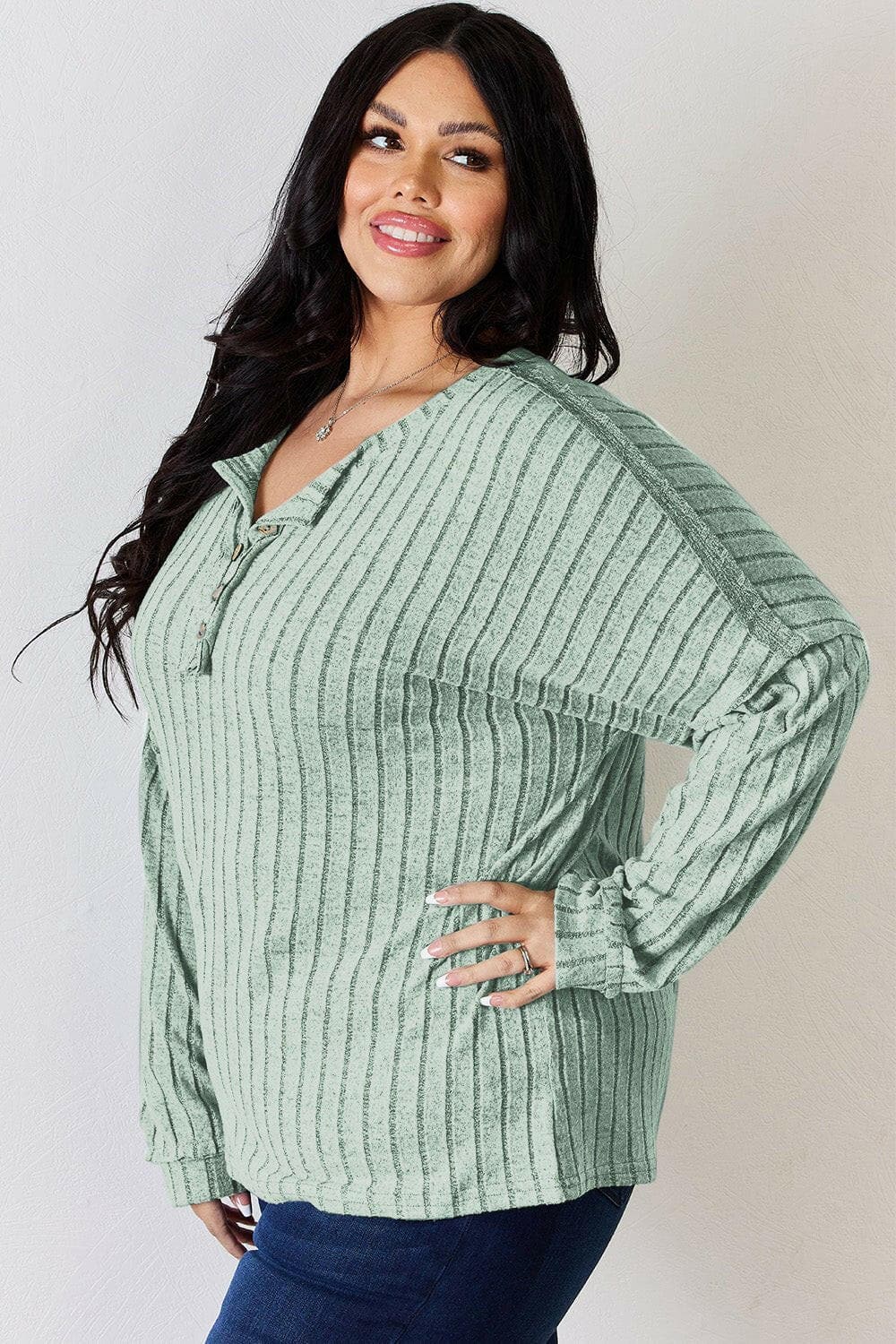 Basic Bae Full Size Ribbed Half Button Long Sleeve T-Shirt - Love Salve