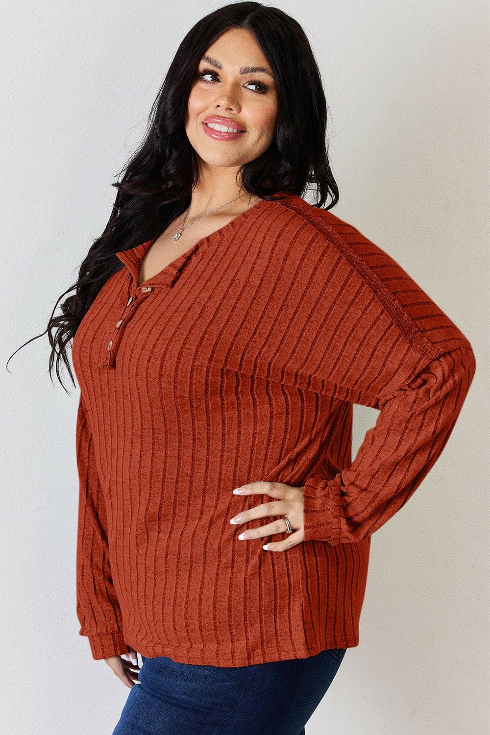 Basic Bae Full Size Ribbed Half Button Long Sleeve T-Shirt - Love Salve