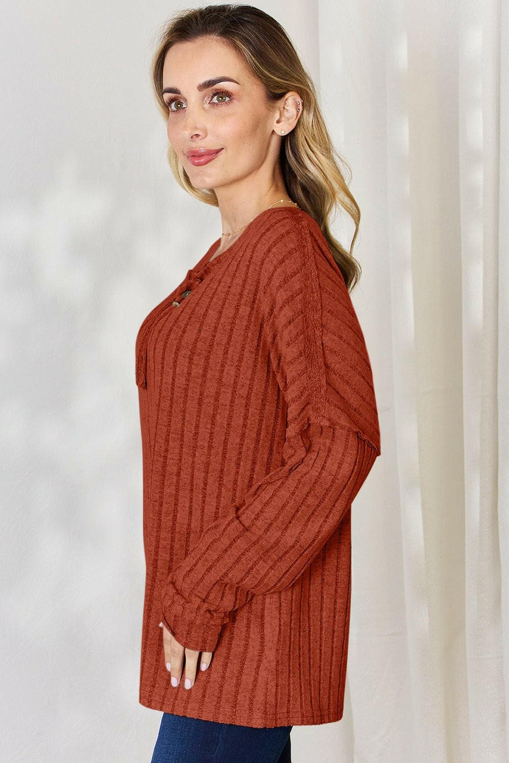 Basic Bae Full Size Ribbed Half Button Long Sleeve T-Shirt - Love Salve