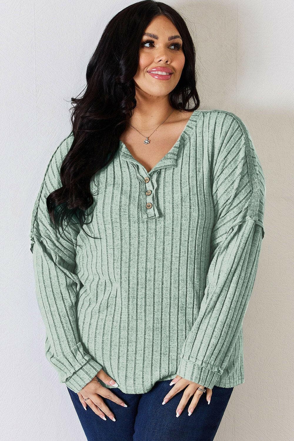 Basic Bae Full Size Ribbed Half Button Long Sleeve T-Shirt - Love Salve