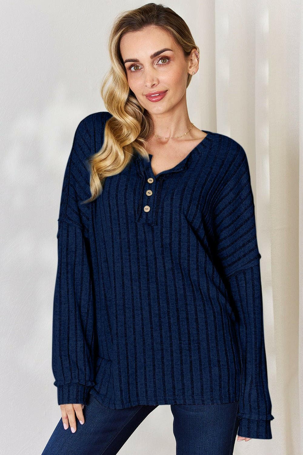 Basic Bae Full Size Ribbed Half Button Long Sleeve T-Shirt - Love Salve