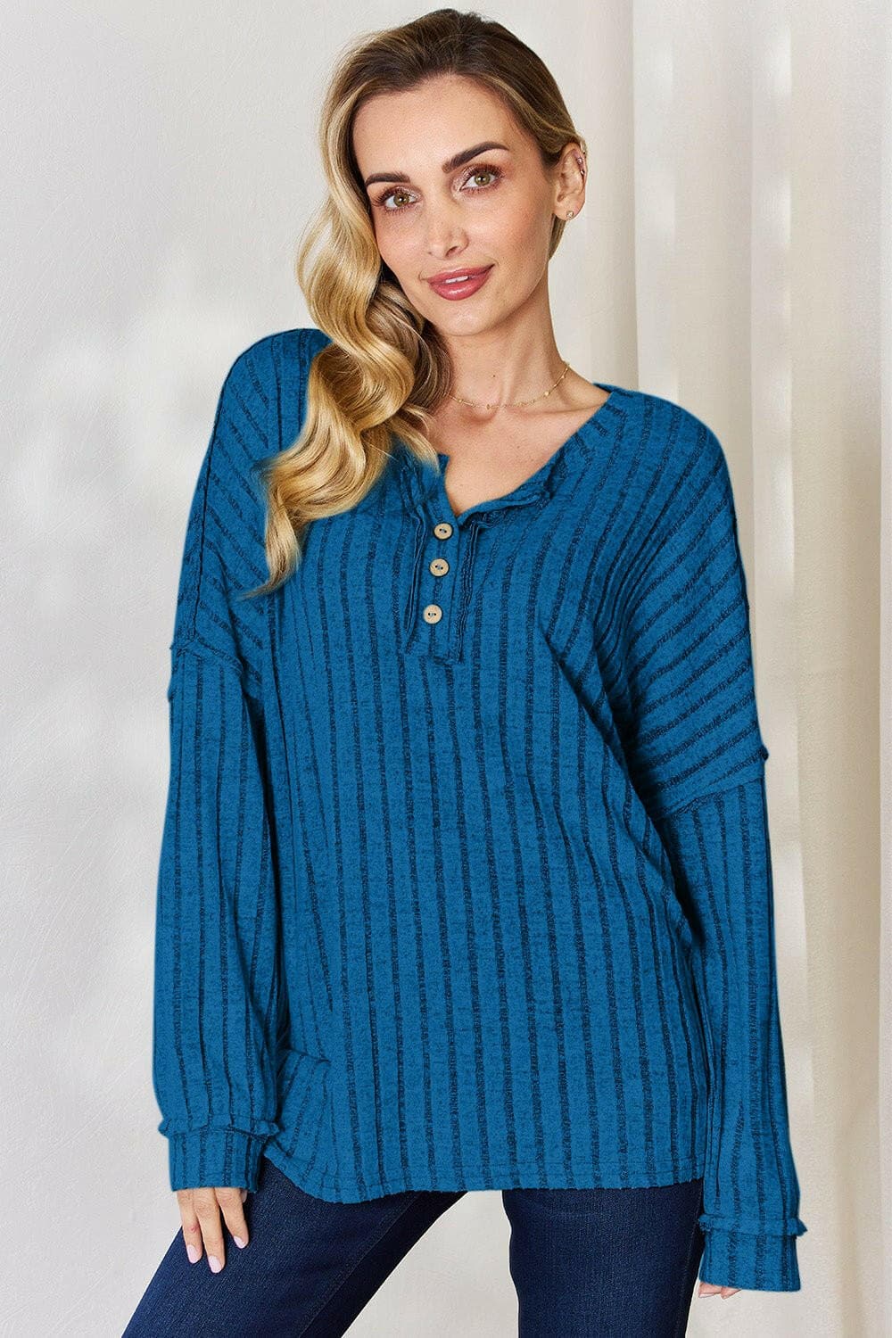 Basic Bae Full Size Ribbed Half Button Long Sleeve T-Shirt - Love Salve