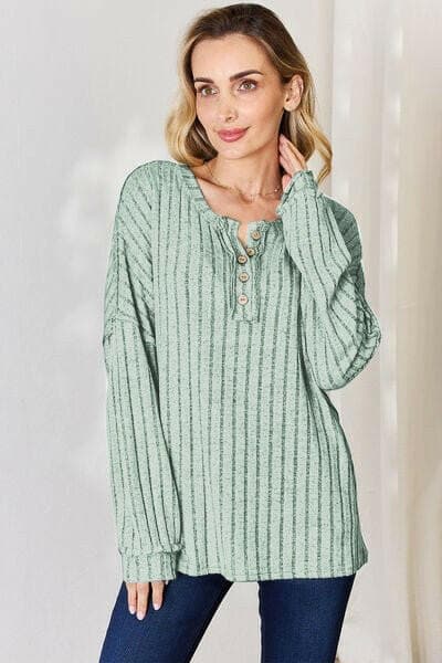 Basic Bae Full Size Ribbed Half Button Long Sleeve T-Shirt - Love Salve