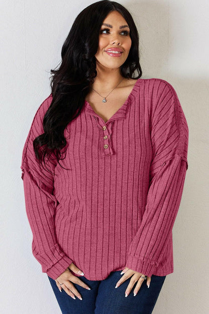 Basic Bae Full Size Ribbed Half Button Long Sleeve T-Shirt - Love Salve