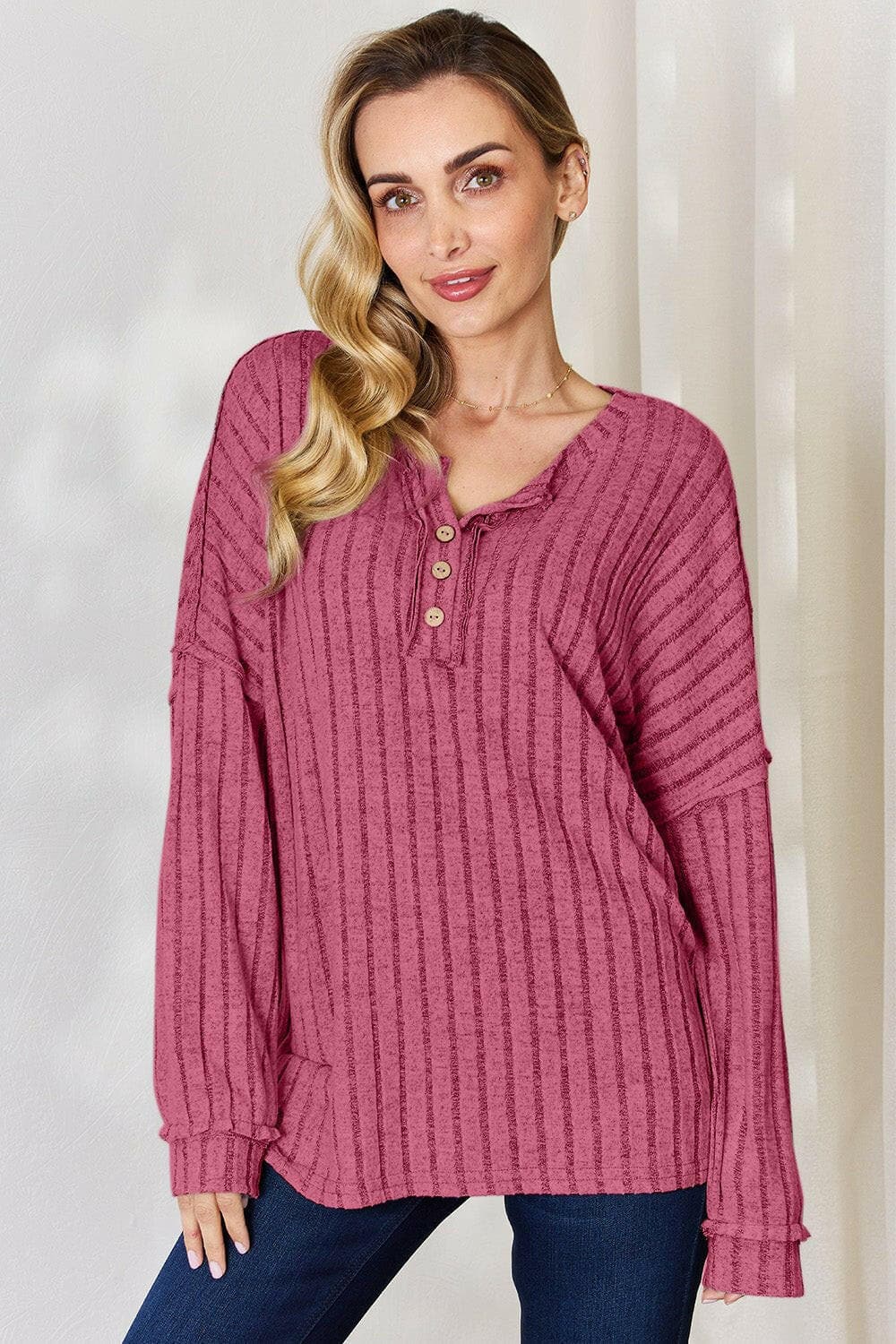 Basic Bae Full Size Ribbed Half Button Long Sleeve T-Shirt - Love Salve