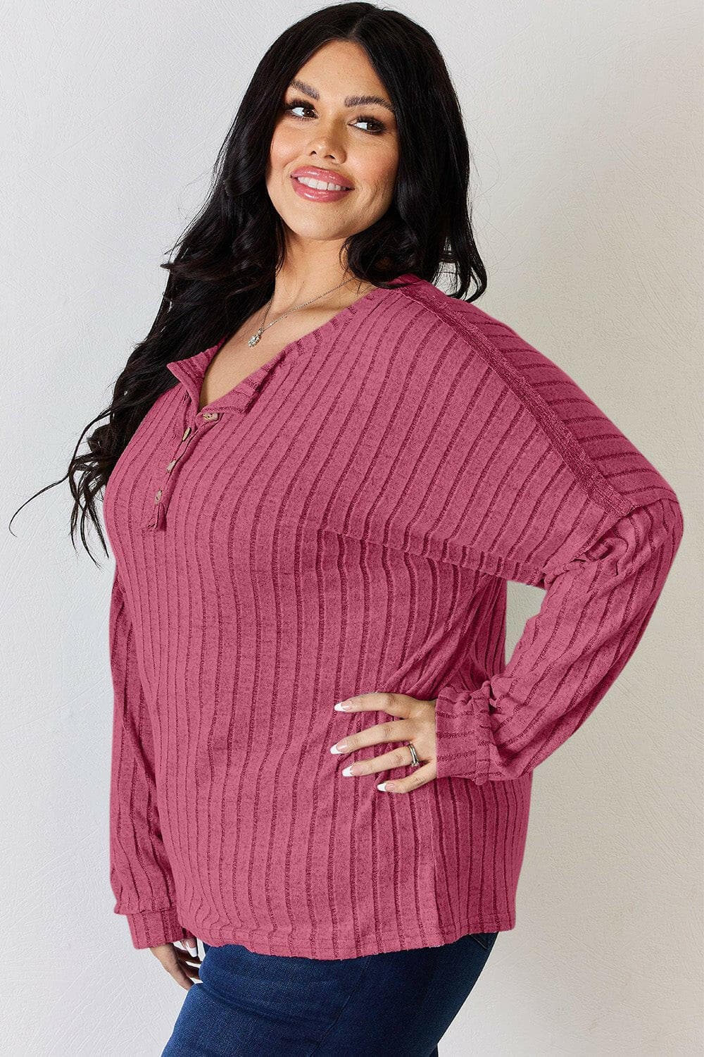 Basic Bae Full Size Ribbed Half Button Long Sleeve T-Shirt - Love Salve