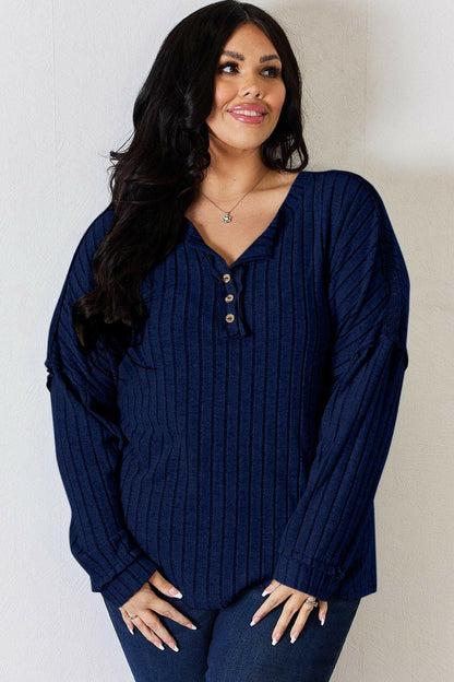 Basic Bae Full Size Ribbed Half Button Long Sleeve T-Shirt - Love Salve