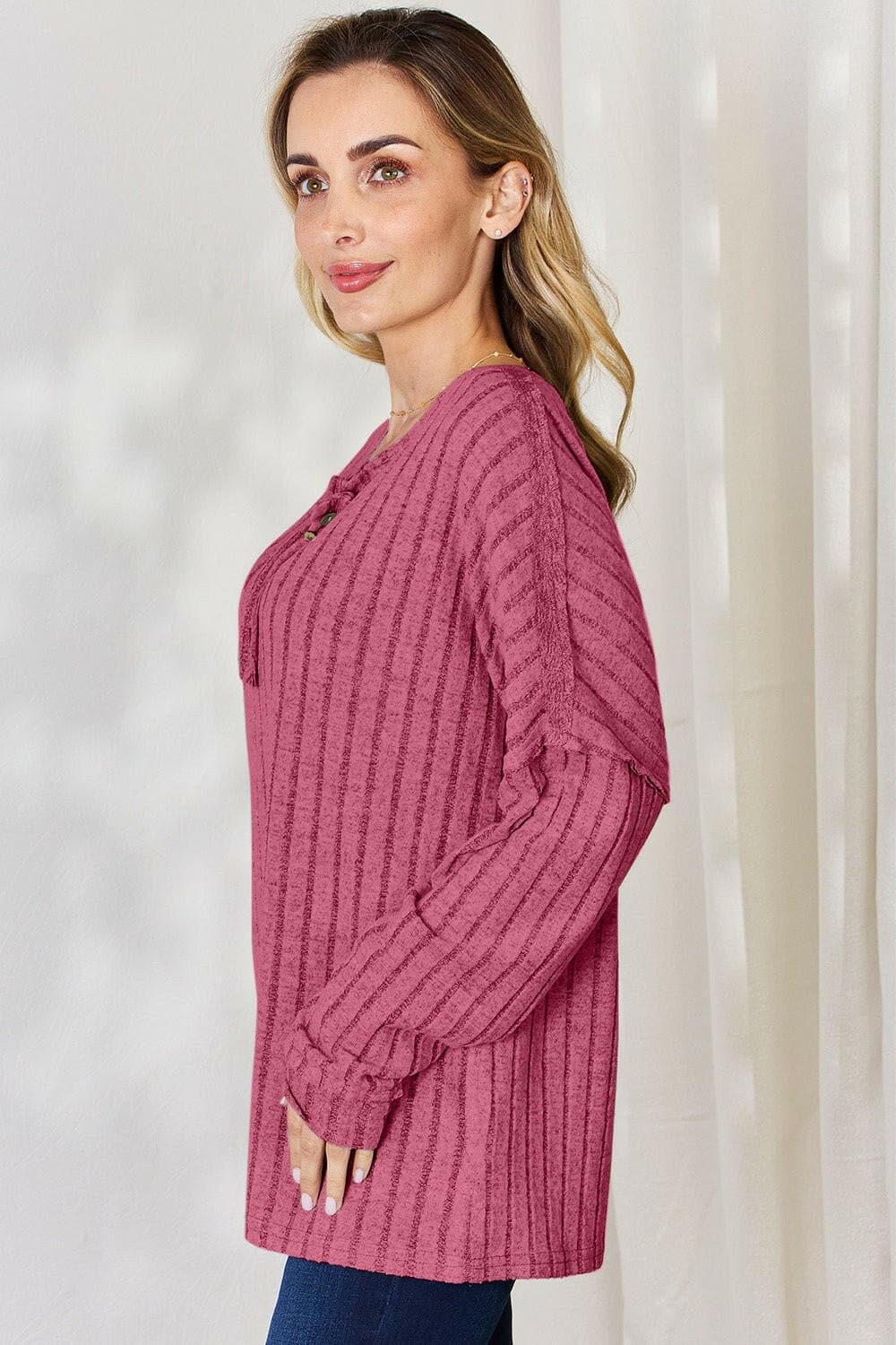 Basic Bae Full Size Ribbed Half Button Long Sleeve T-Shirt - Love Salve