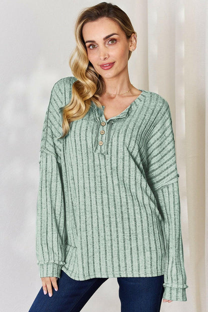 Basic Bae Full Size Ribbed Half Button Long Sleeve T-Shirt - Love Salve