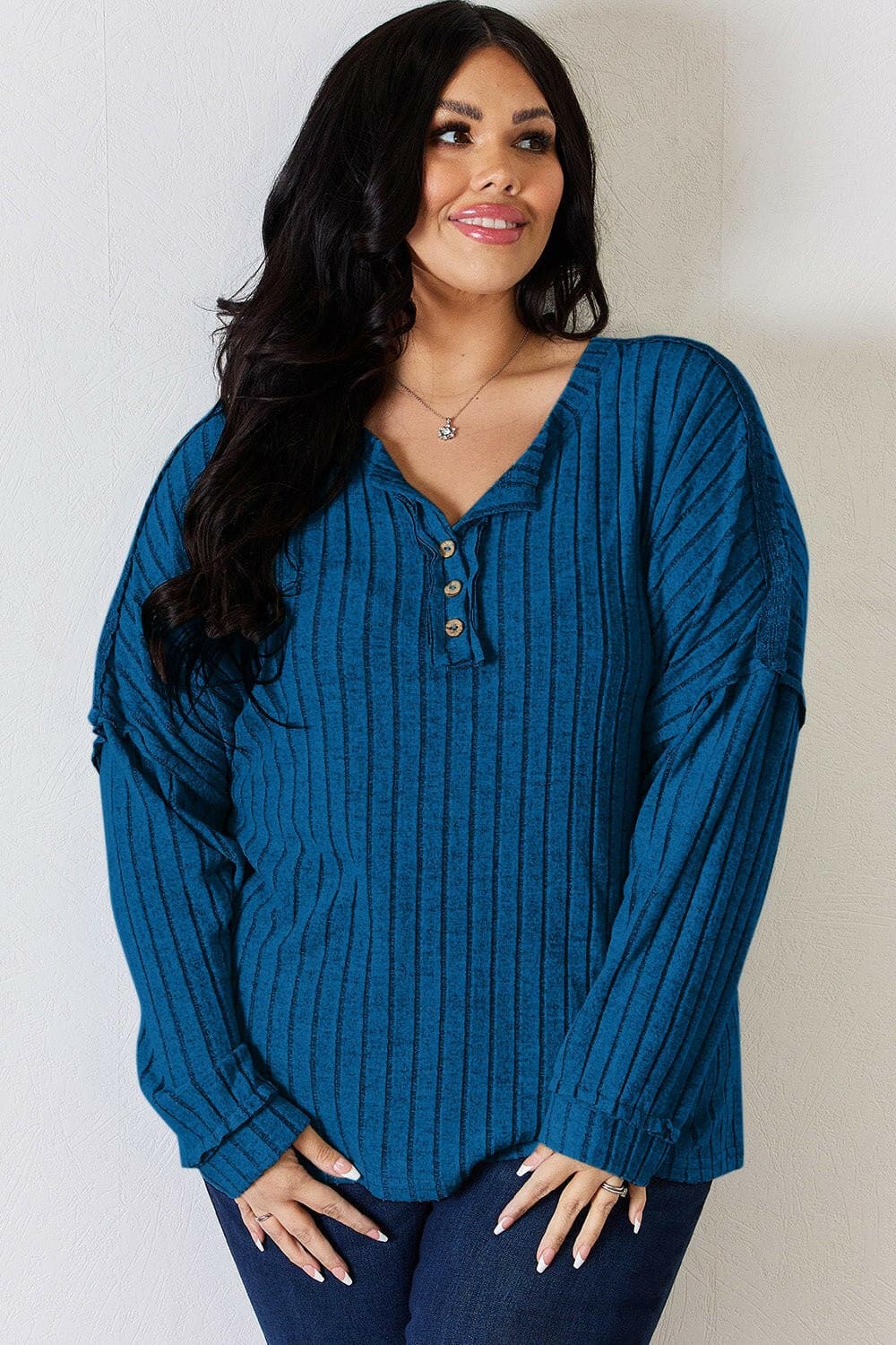 Basic Bae Full Size Ribbed Half Button Long Sleeve T-Shirt - Love Salve