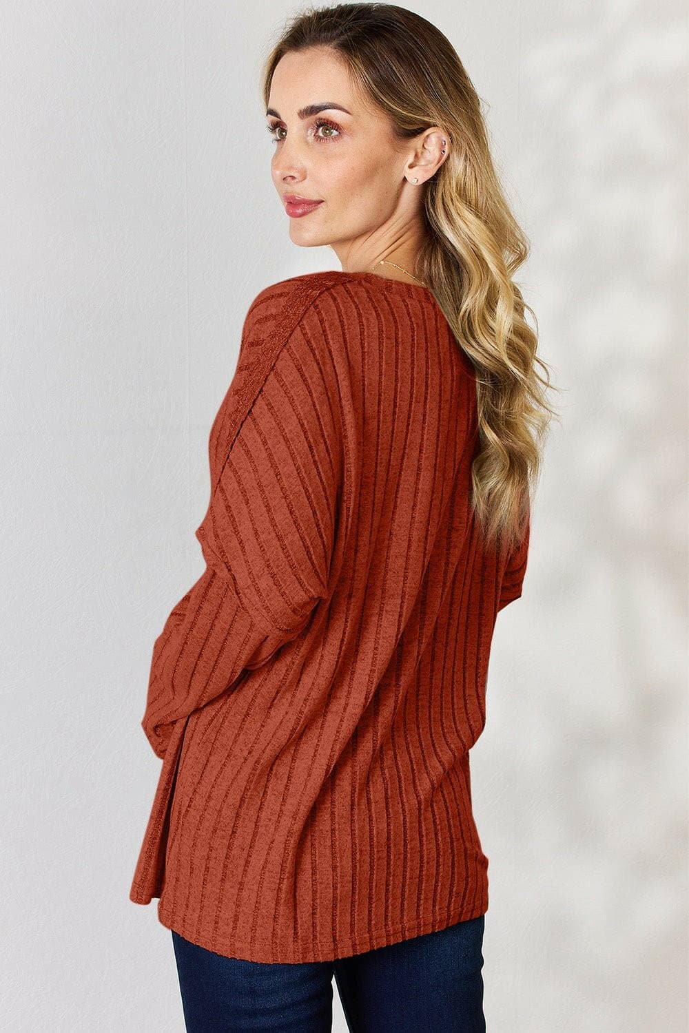 Basic Bae Full Size Ribbed Half Button Long Sleeve T-Shirt - Love Salve