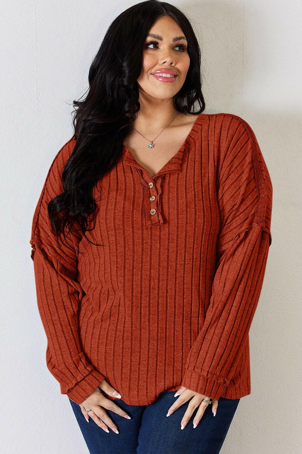 Basic Bae Full Size Ribbed Half Button Long Sleeve T-Shirt - Love Salve