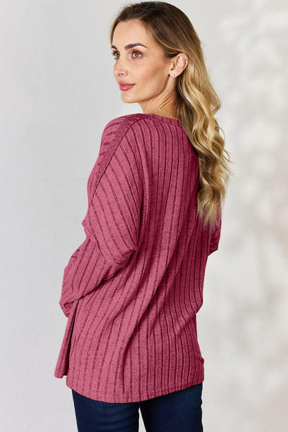 Basic Bae Full Size Ribbed Half Button Long Sleeve T-Shirt - Love Salve