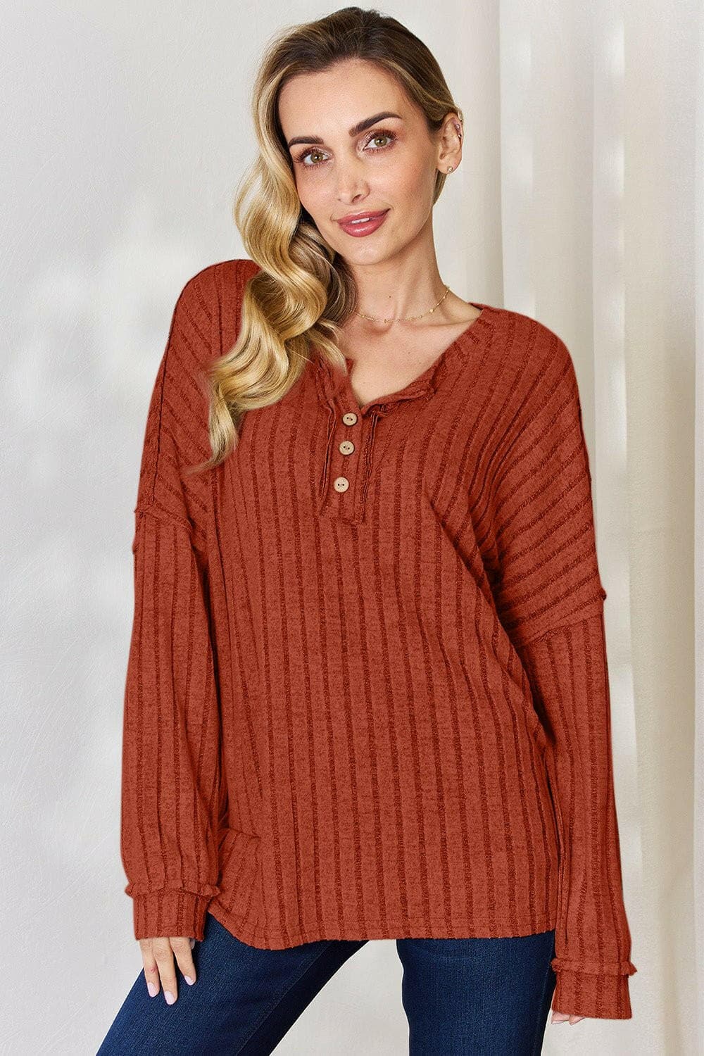 Basic Bae Full Size Ribbed Half Button Long Sleeve T-Shirt - Love Salve