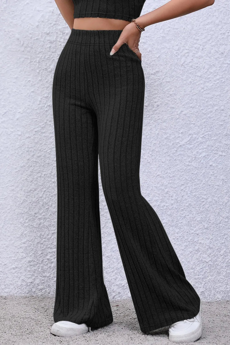 Basic Bae Full Size Ribbed High Waist Flare Pants for Women - Love Salve 
