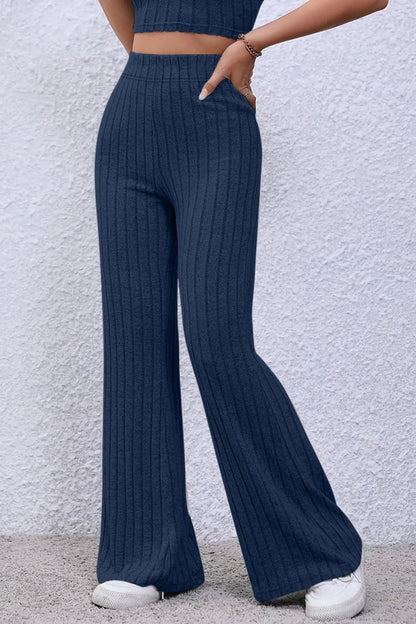Basic Bae Full Size Ribbed High Waist Flare Pants for Women - Love Salve 