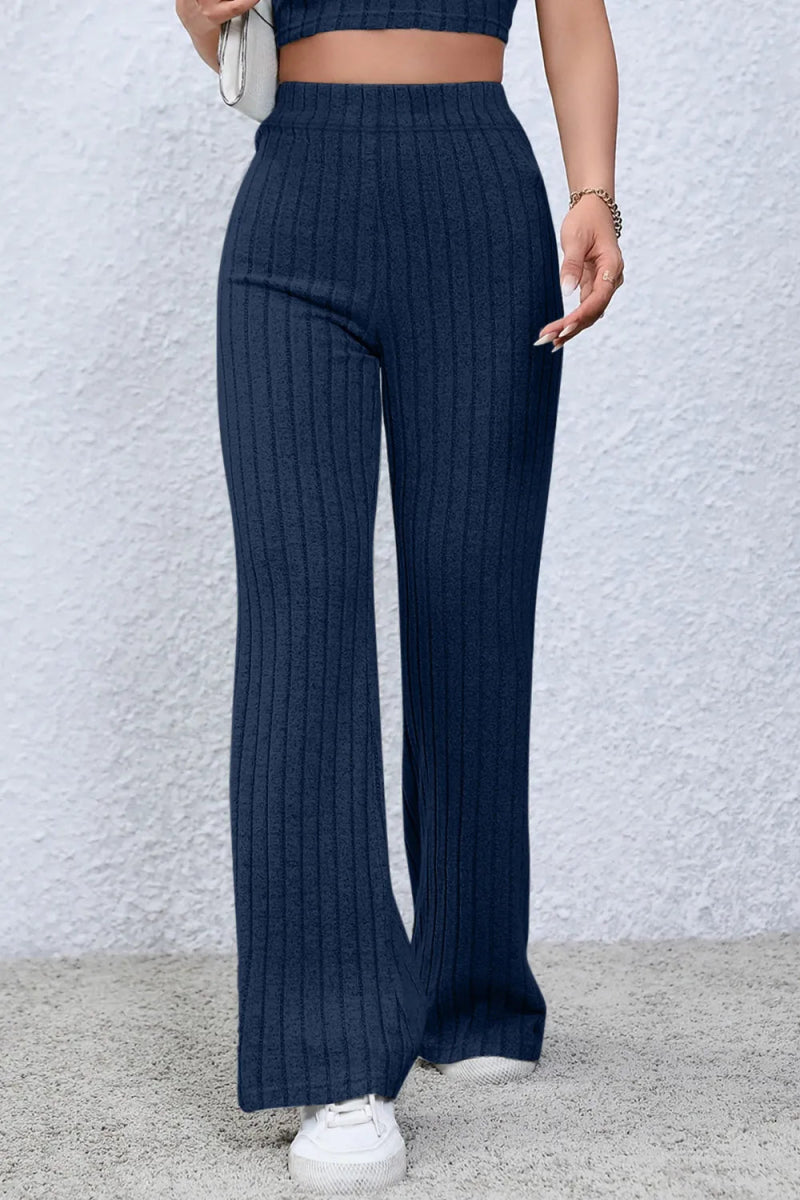 Basic Bae Full Size Ribbed High Waist Flare Pants for Women - Love Salve 