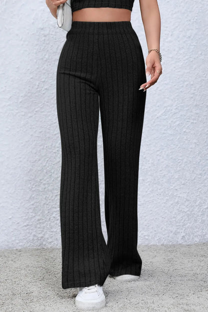 Basic Bae Full Size Ribbed High Waist Flare Pants for Women - Love Salve 