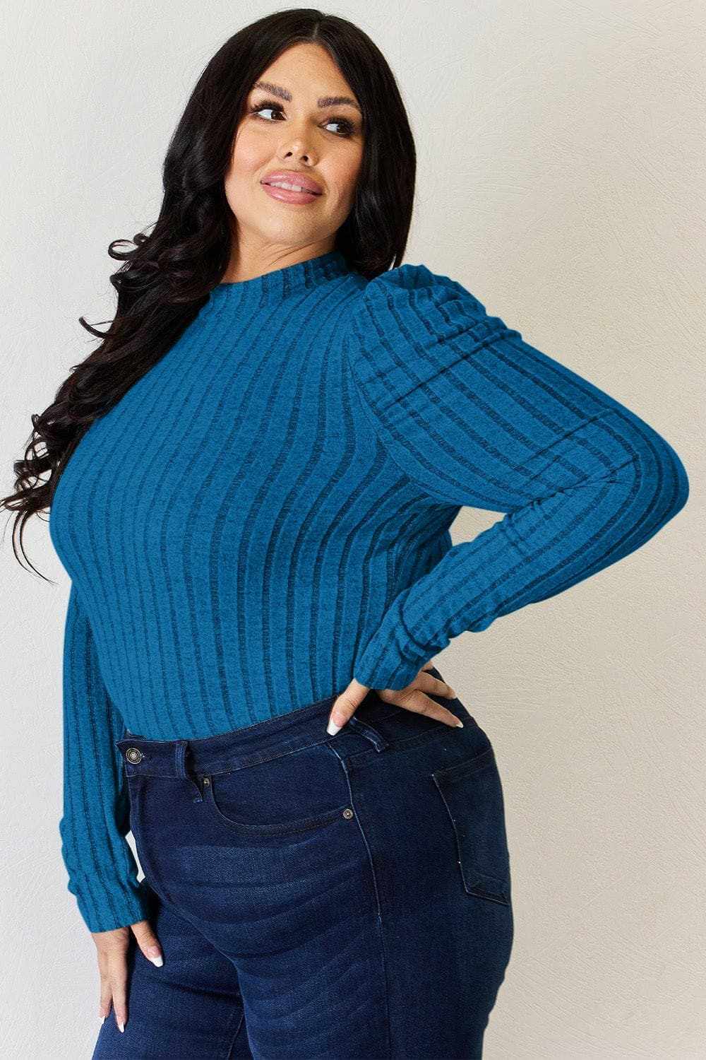 Ribbed mock neck top with puff sleeves - Love Salve 