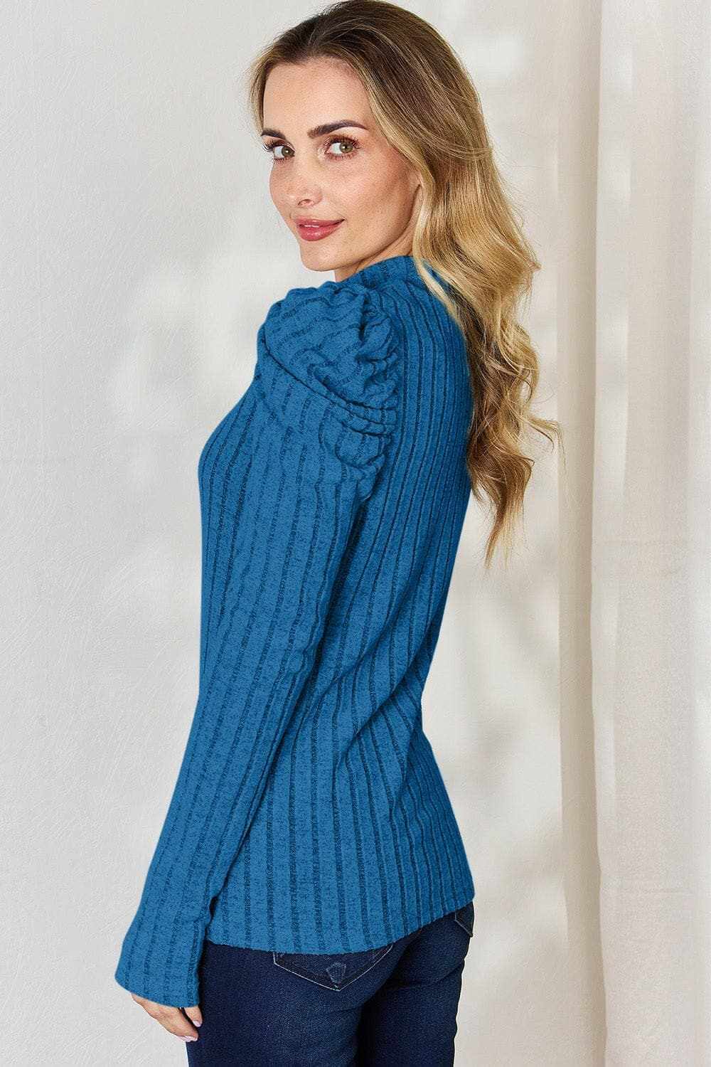 Ribbed mock neck top with puff sleeves - Love Salve 