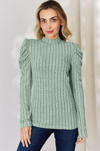 Ribbed Elegance Mock Neck Top with Puff SleevesDiscover Effortless Elegance
 Embrace sophistication with our Ribbed Elegance Mock Neck Top with Puff Sleeves. This top is designed to elevate your everyday wardrobeLove Salve Ribbed Elegance Mock Neck TopTIKTOK