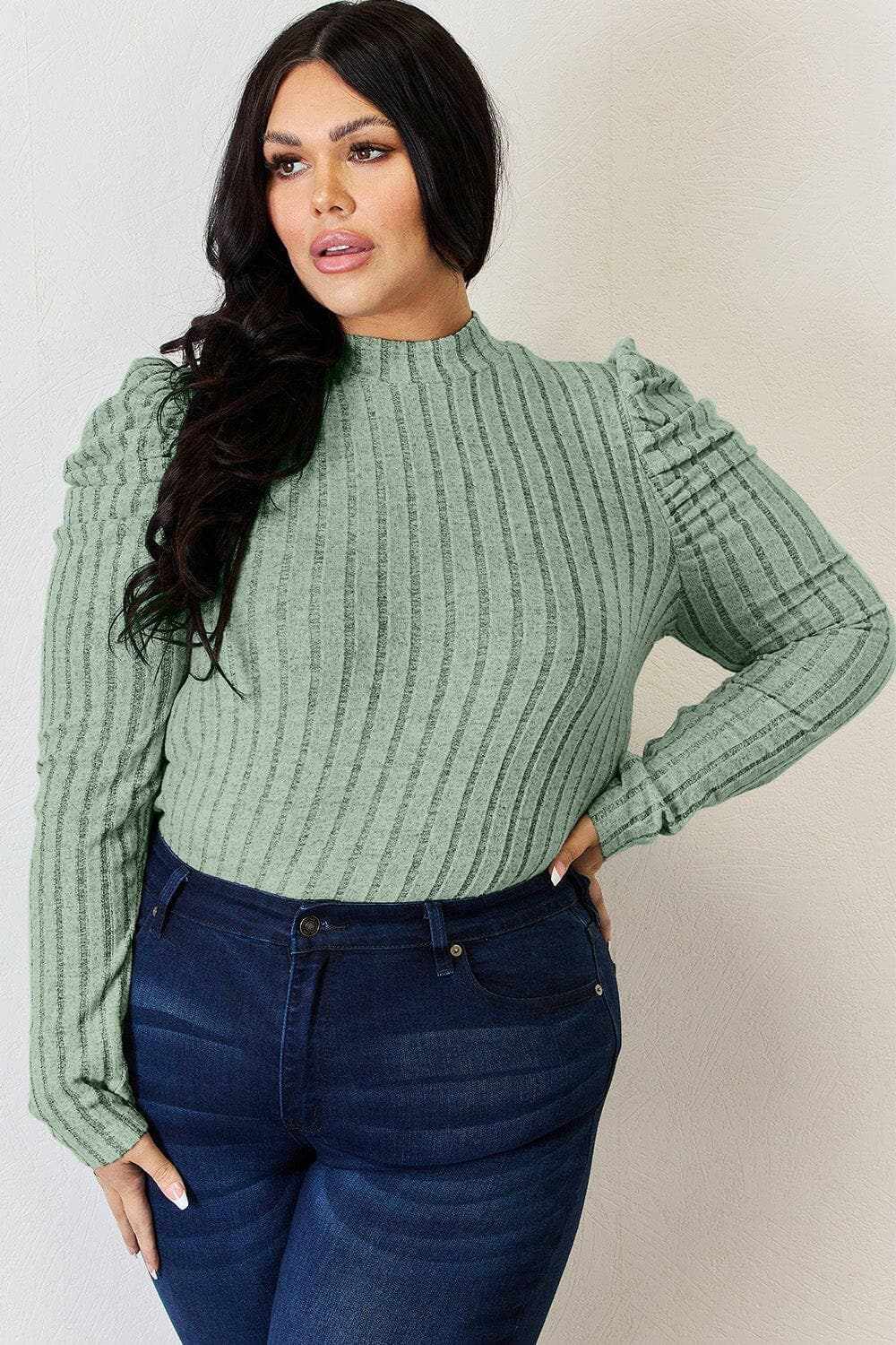 Ribbed mock neck top with puff sleeves - Love Salve 
