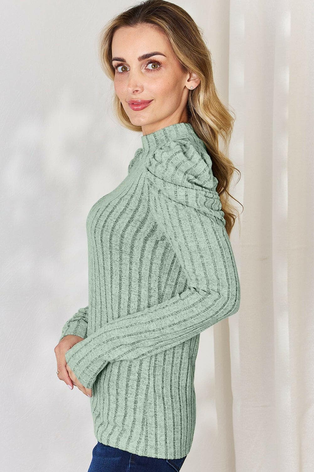 Ribbed Elegance Mock Neck Top with Puff SleevesDiscover Effortless Elegance
 Embrace sophistication with our Ribbed Elegance Mock Neck Top with Puff Sleeves. This top is designed to elevate your everyday wardrobeLove Salve Ribbed Elegance Mock Neck TopTIKTOK