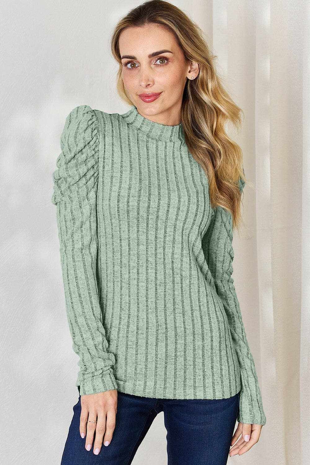 Ribbed mock neck top with puff sleeves - Love Salve 