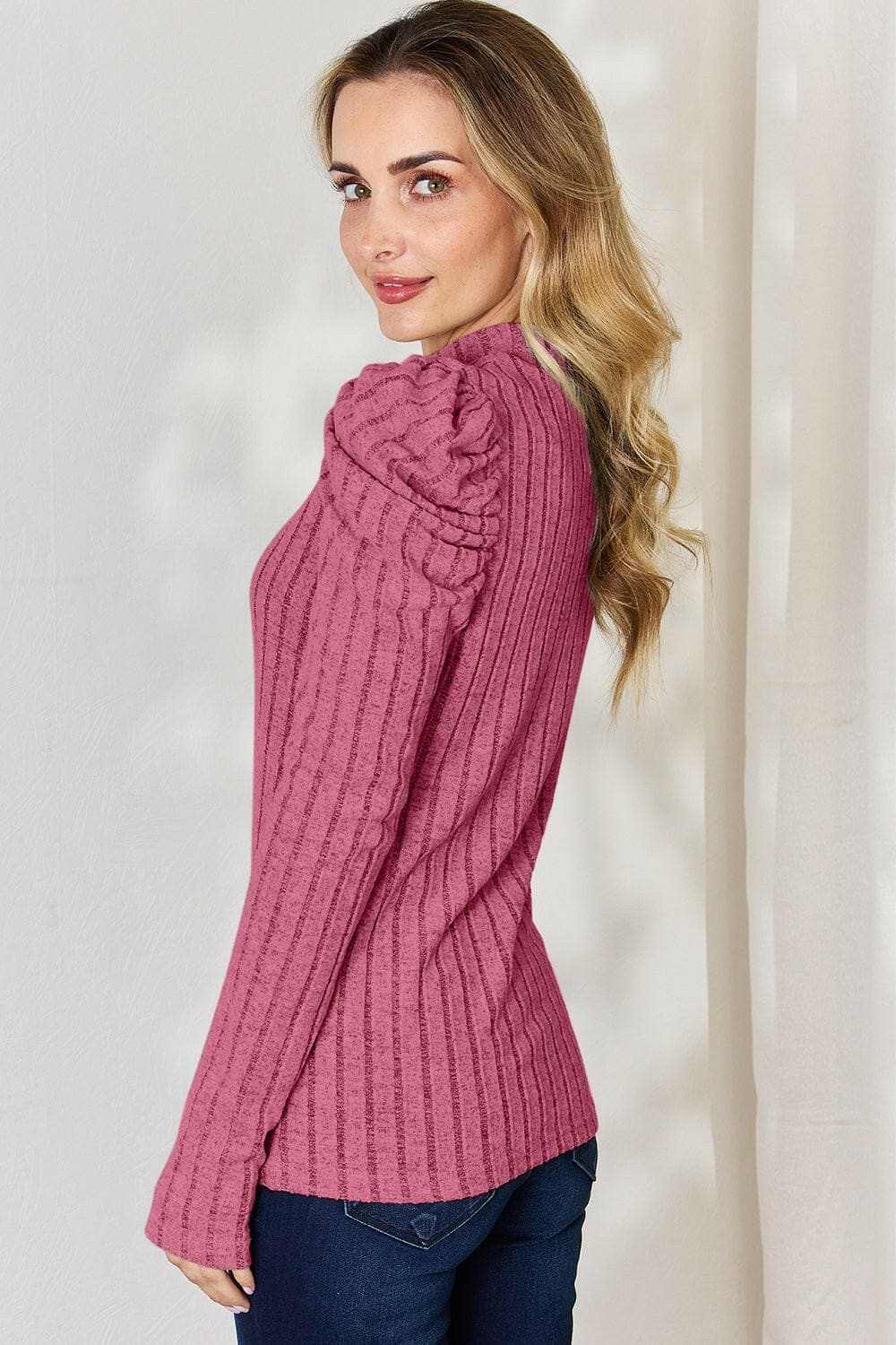 Ribbed mock neck top with puff sleeves - Love Salve 