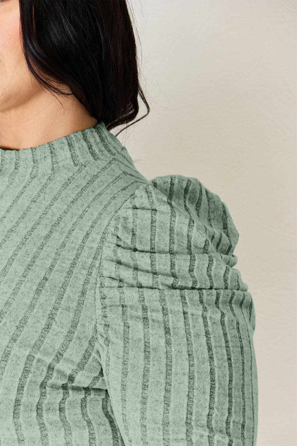 Ribbed mock neck top with puff sleeves - Love Salve 