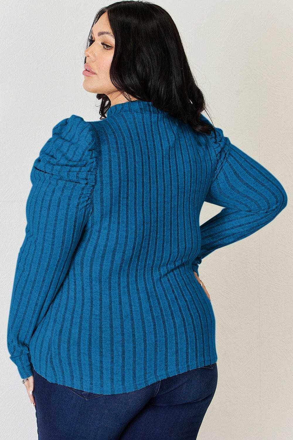 Ribbed mock neck top with puff sleeves - Love Salve 