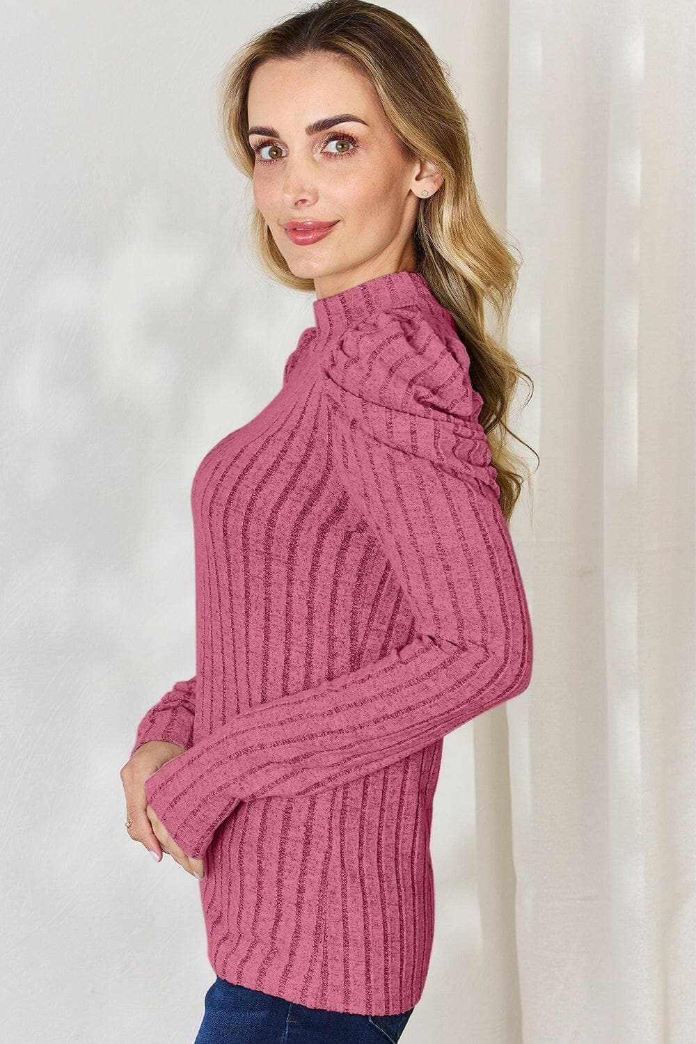 Ribbed mock neck top with puff sleeves - Love Salve 